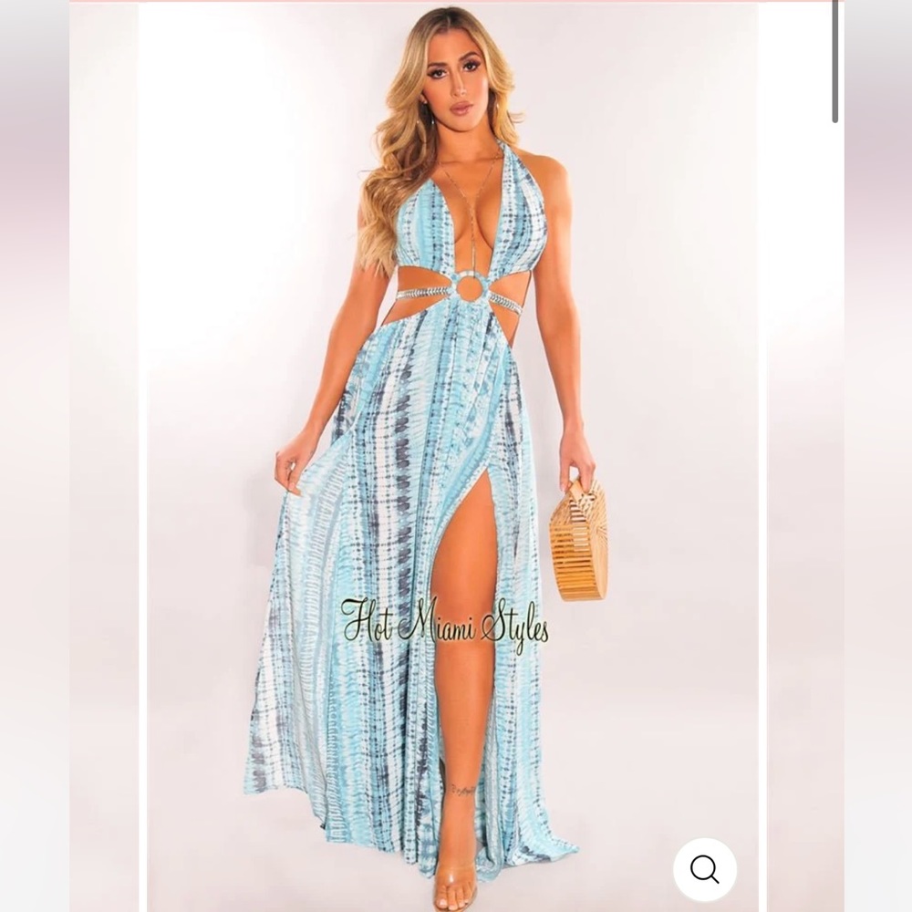 NEW Fashion Nova Hot Miami Styles Medium Blue Teal tie dye cut out maxi dress